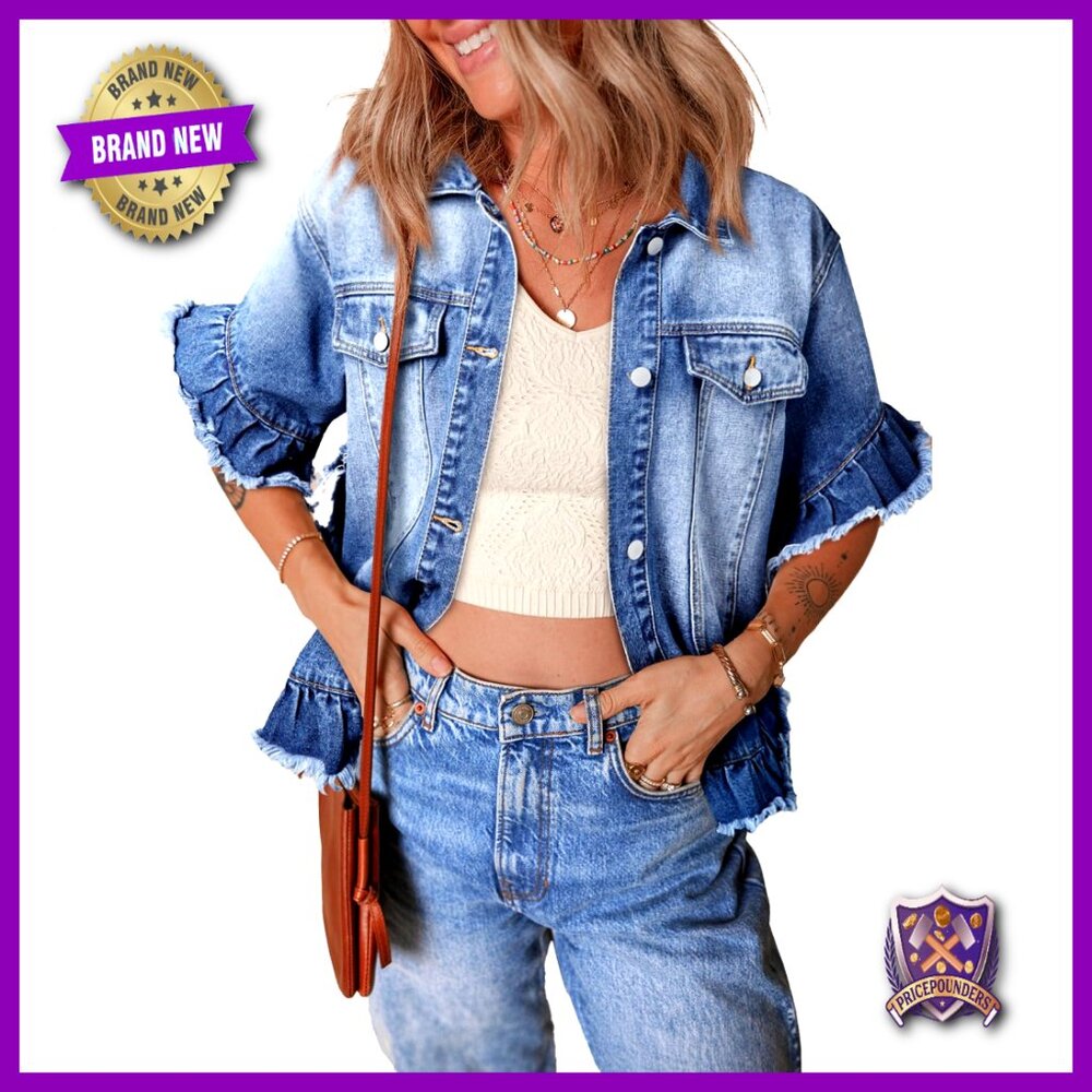 Short Sleeve Denim Jacket Ruffle Hem Washed Casual Y2k Chic Button Down